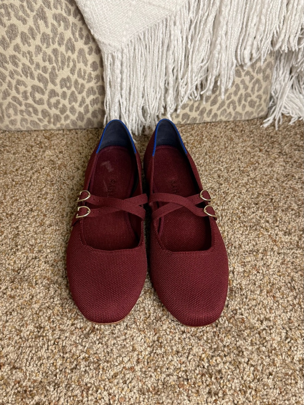 Rothy's Burgundy Cross-Strap Knit Flats with Gold Hardware